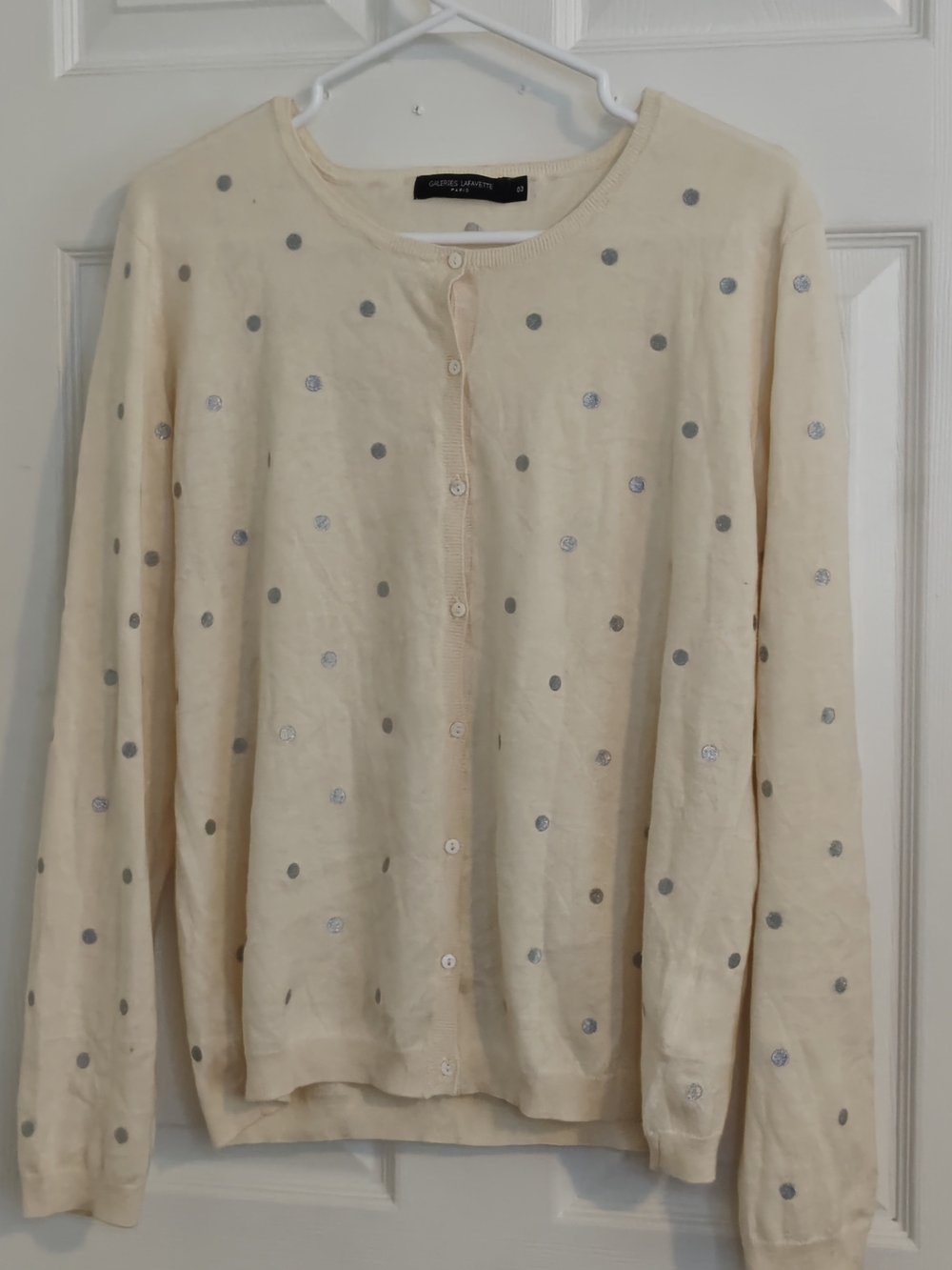 Cotton Cashmere Embroidered Silver Polka Dots Knit Cardigan Size L